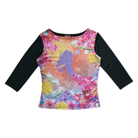 Wise Selection Tops - 90s Vintage Dragon Print Top 3/4 sleeve Floral Novelty Print Graphic Y2K raver.